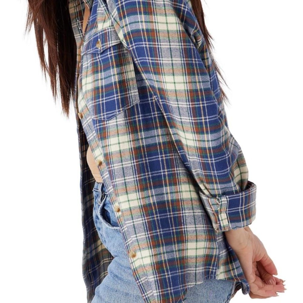 Plaid Blue and Tan Women's Flannel Campcore Hiking Outdoor Natute - Picture 2 of 6